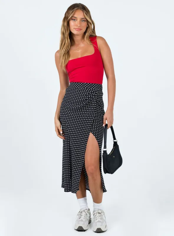 Mabel Midi Skirt Black Polka Dot sold by Princess Polly