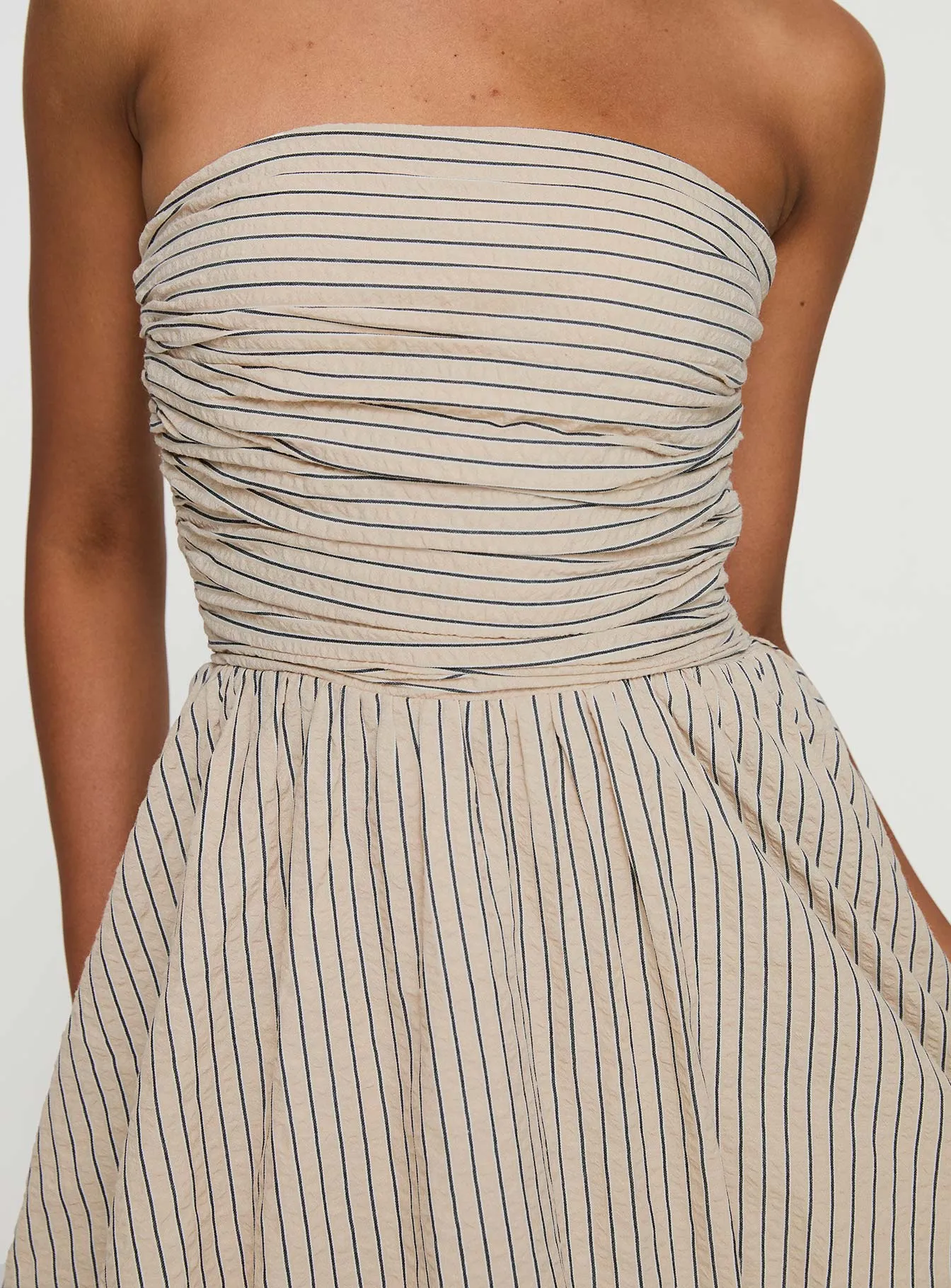 Quinette Strapless Bubble Hem Mini Dress Beige Stripe sold by Princess Polly product image thumbnail 5