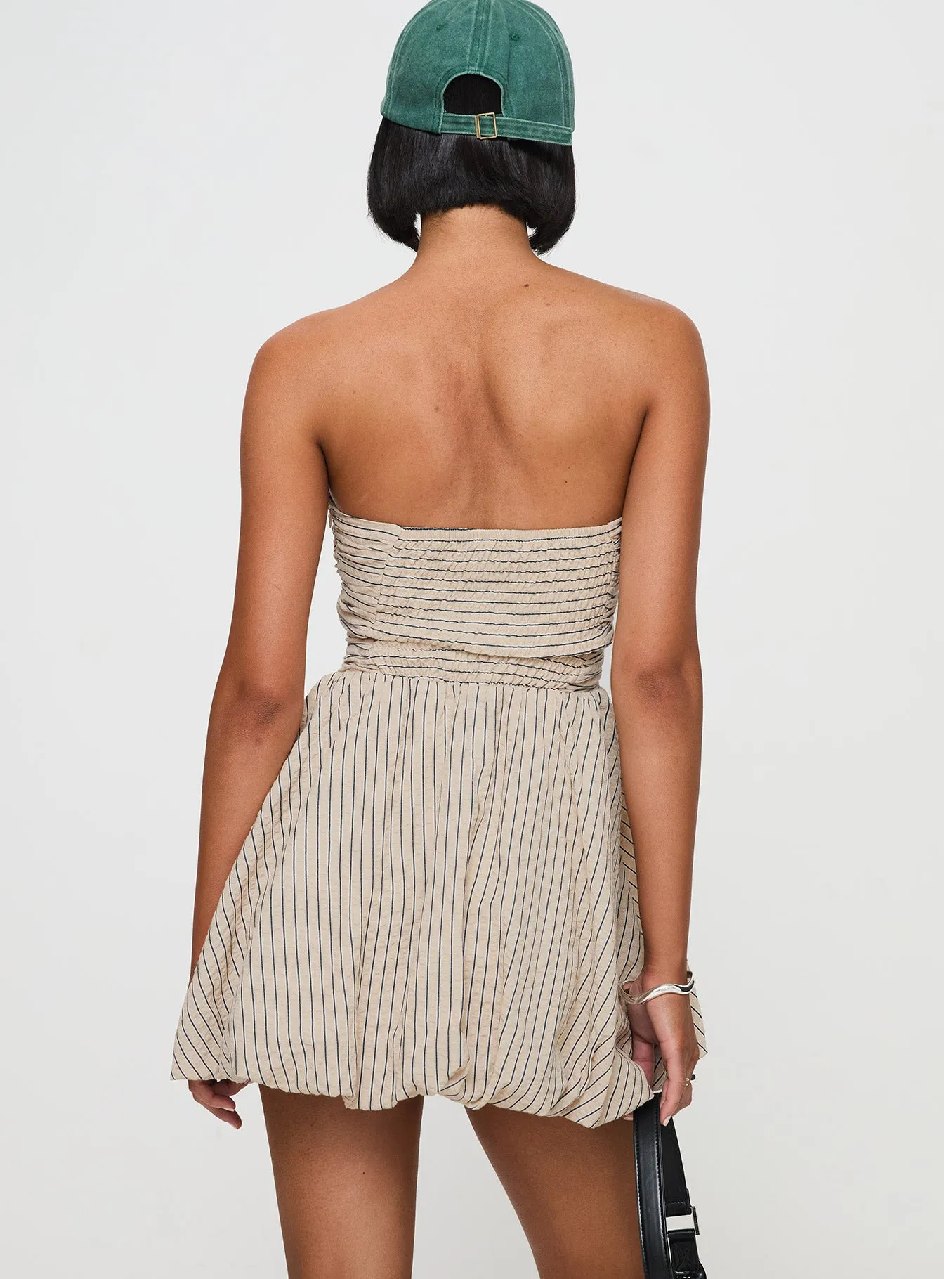 Quinette Strapless Bubble Hem Mini Dress Beige Stripe sold by Princess Polly product image thumbnail 4