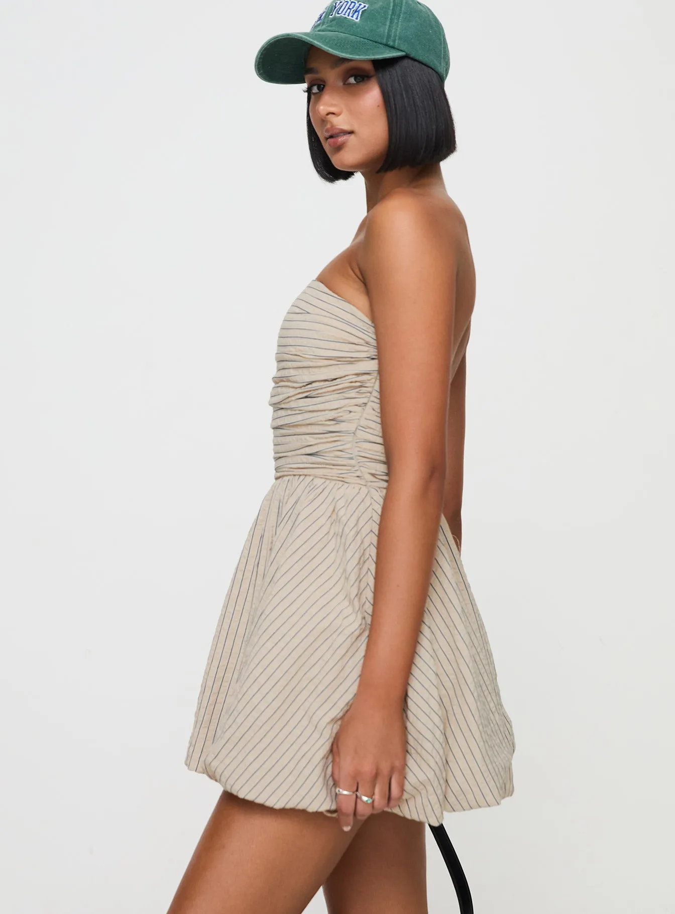 Quinette Strapless Bubble Hem Mini Dress Beige Stripe sold by Princess Polly product image thumbnail 3