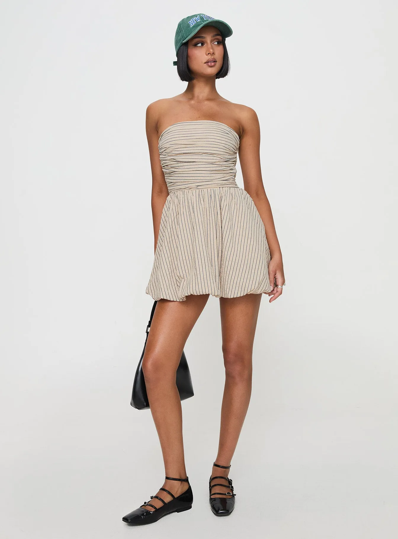 Quinette Strapless Bubble Hem Mini Dress Beige Stripe sold by Princess Polly product image thumbnail 2