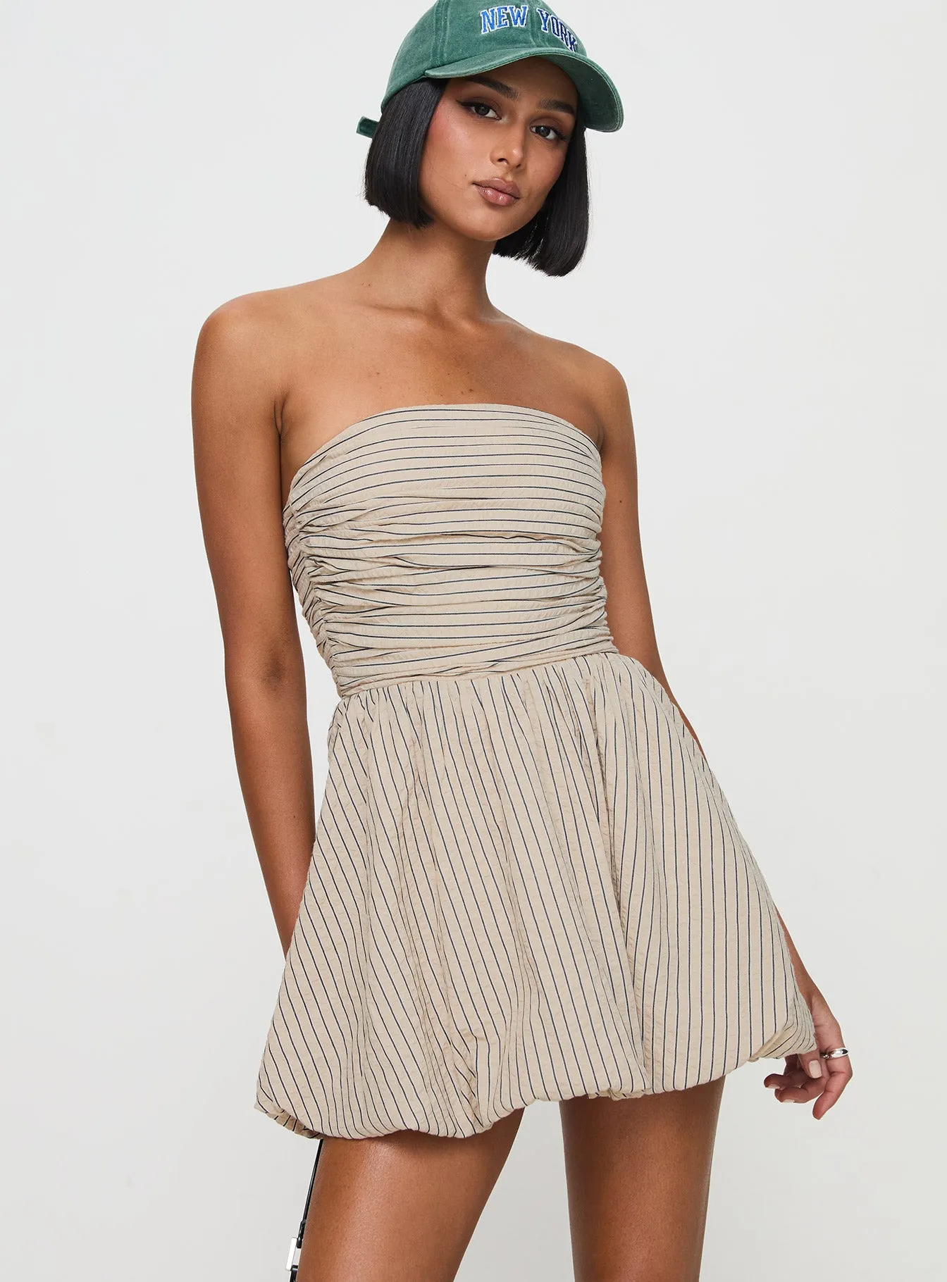 Quinette Strapless Bubble Hem Mini Dress Beige Stripe sold by Princess Polly