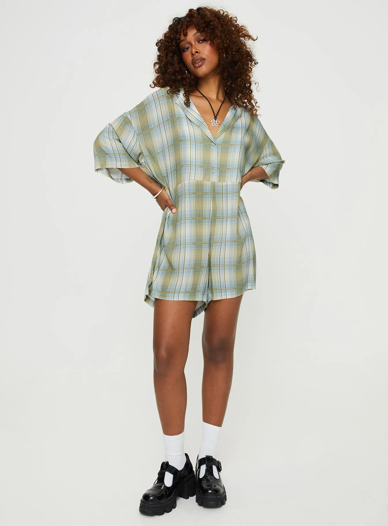 Caraliia Romper Green/Blue Check sold by Princess Polly product image thumbnail 3