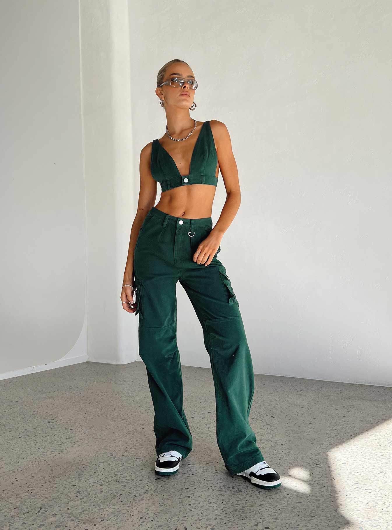 Paige Mid Rise Cargo Jean Denim Green sold by Princess Polly