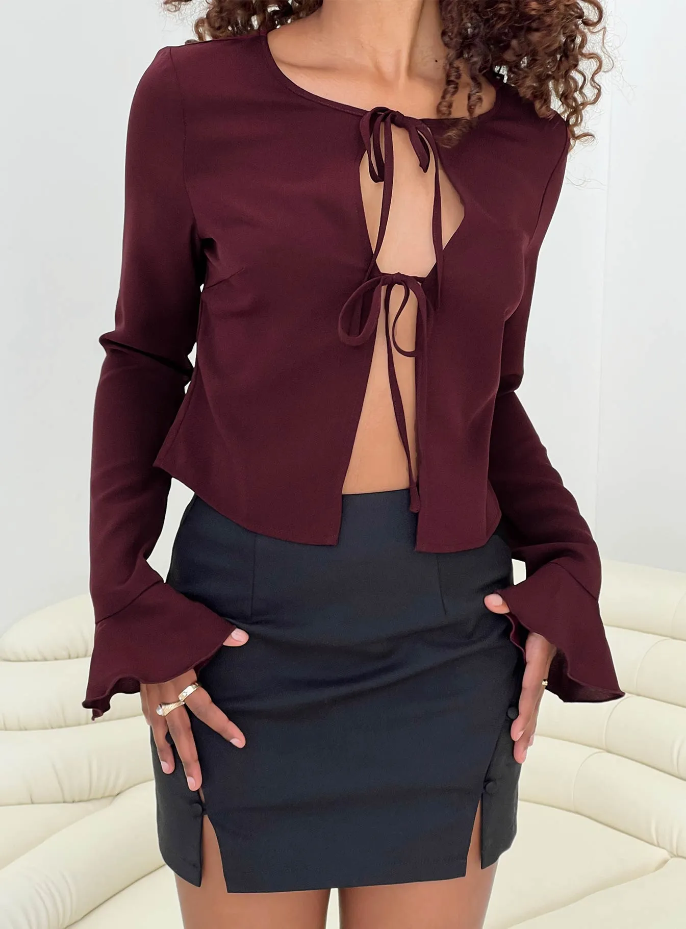 Bowden Long Sleeve Top Burgundy sold by Princess Polly