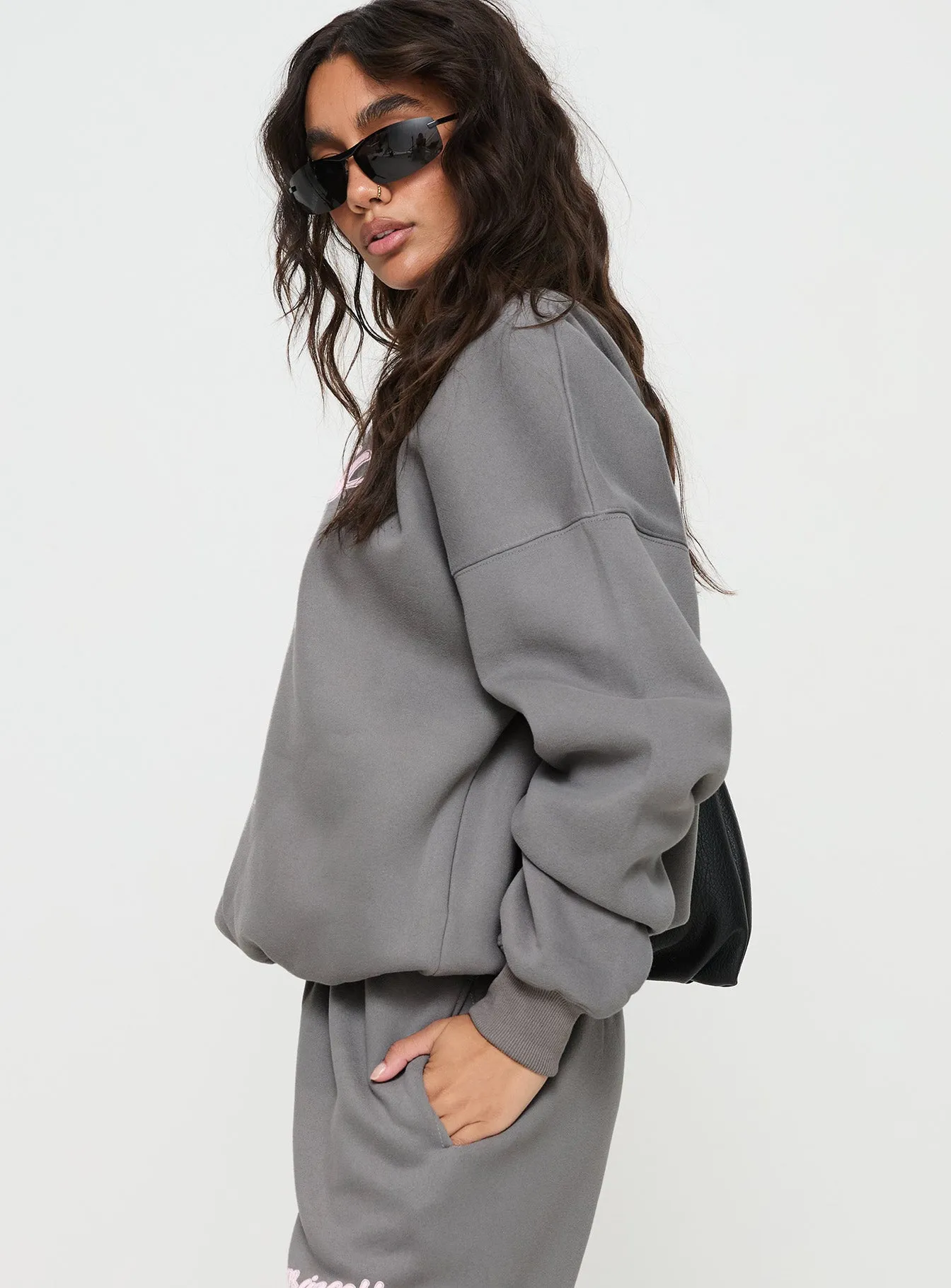 Princess Polly Crew Neck Sweatshirt Puff Text Charcoal sold by Princess Polly product image thumbnail 4