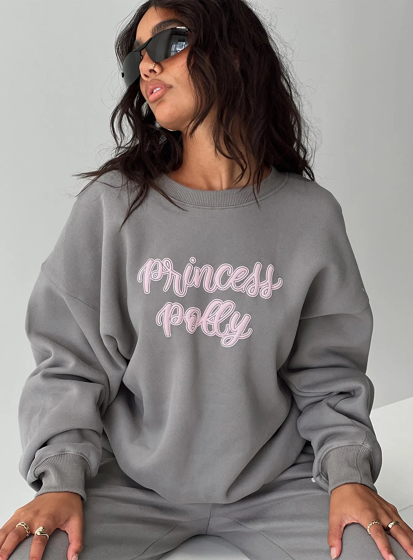 Princess Polly Crew Neck Sweatshirt Puff Text Charcoal sold by Princess Polly
