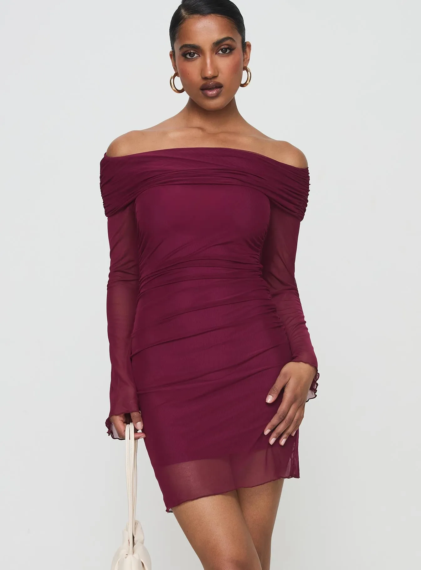 Consideration Long Sleeve Mini Dress Burgundy sold by Princess Polly