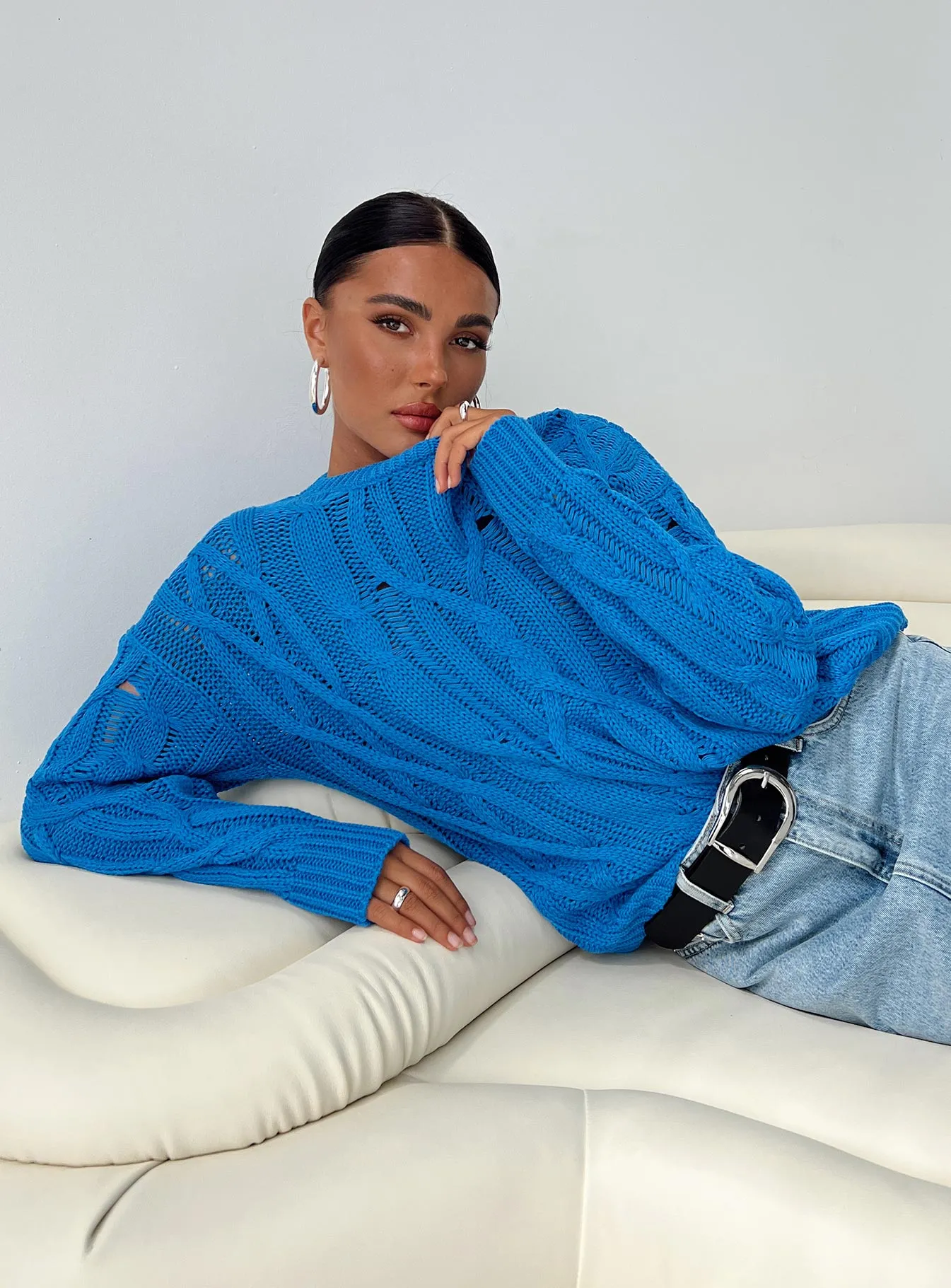 Stiles Cable Knit Sweater Blue sold by Princess Polly