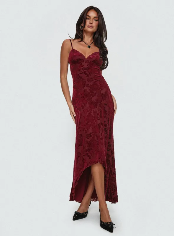 Rumours Slippy Burnout Maxi Dress Burgundy made by Princess Polly