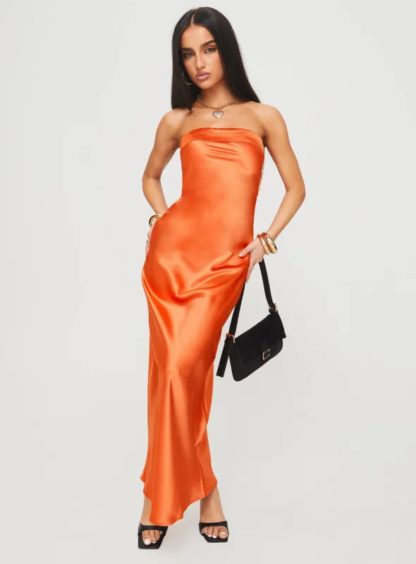 Citrus Kiss Strapless Maxi Dress Orange sold by Princess Polly