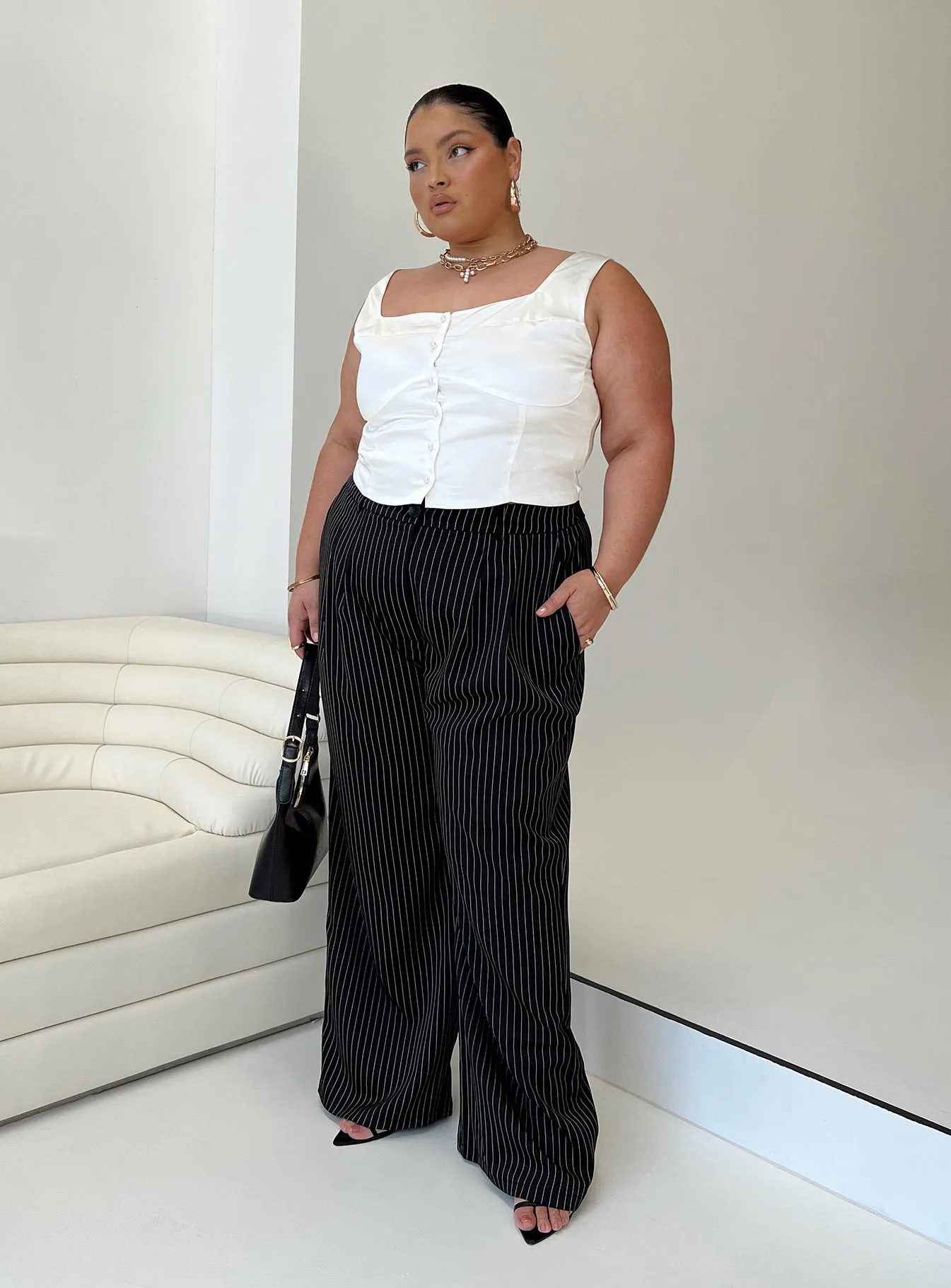 Archer Pants Pinstripe Black Curve sold by Princess Polly