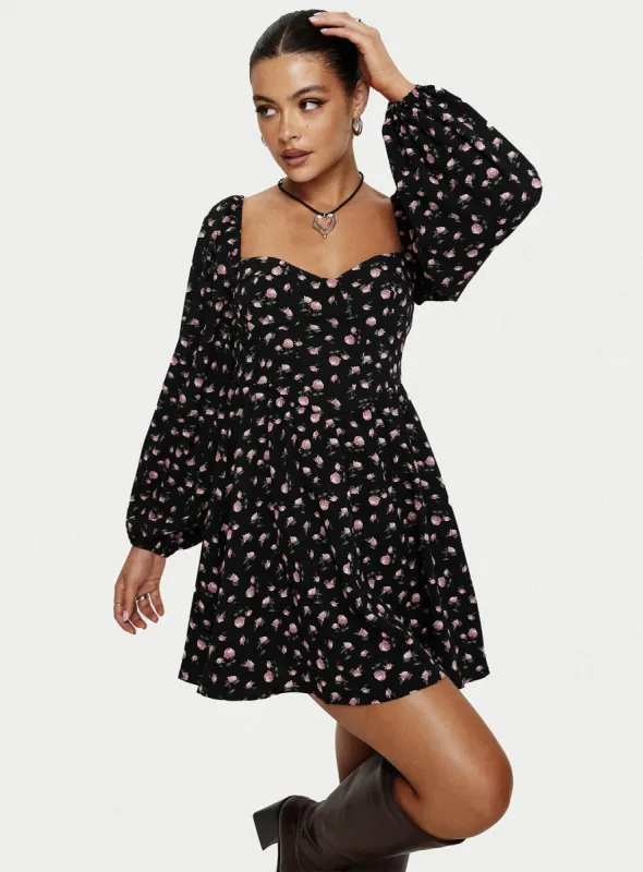 Darso Long Sleeve Mini Dress Black Floral sold by Princess Polly