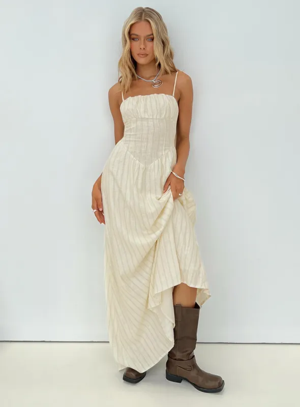 Slow Dance Linen Blend Maxi Dress Cream / Blue sold by Princess Polly