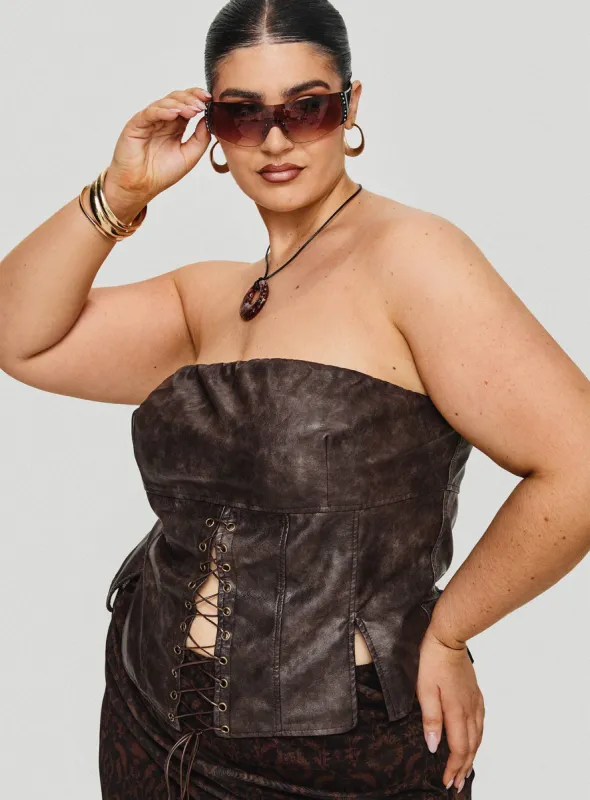 Afraid Strapless Faux Leather Top Brown Curve sold by Princess Polly