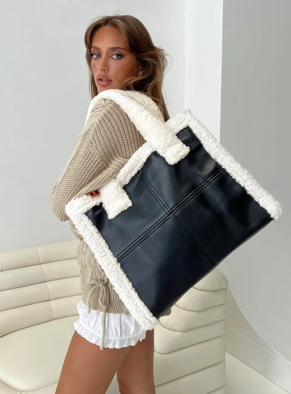 Jayjay Faux Leather Tote Bag Black / Cream sold by Princess Polly