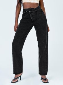 Holly Asymmetric Straight Leg Jean Black Denim sold by Princess Polly