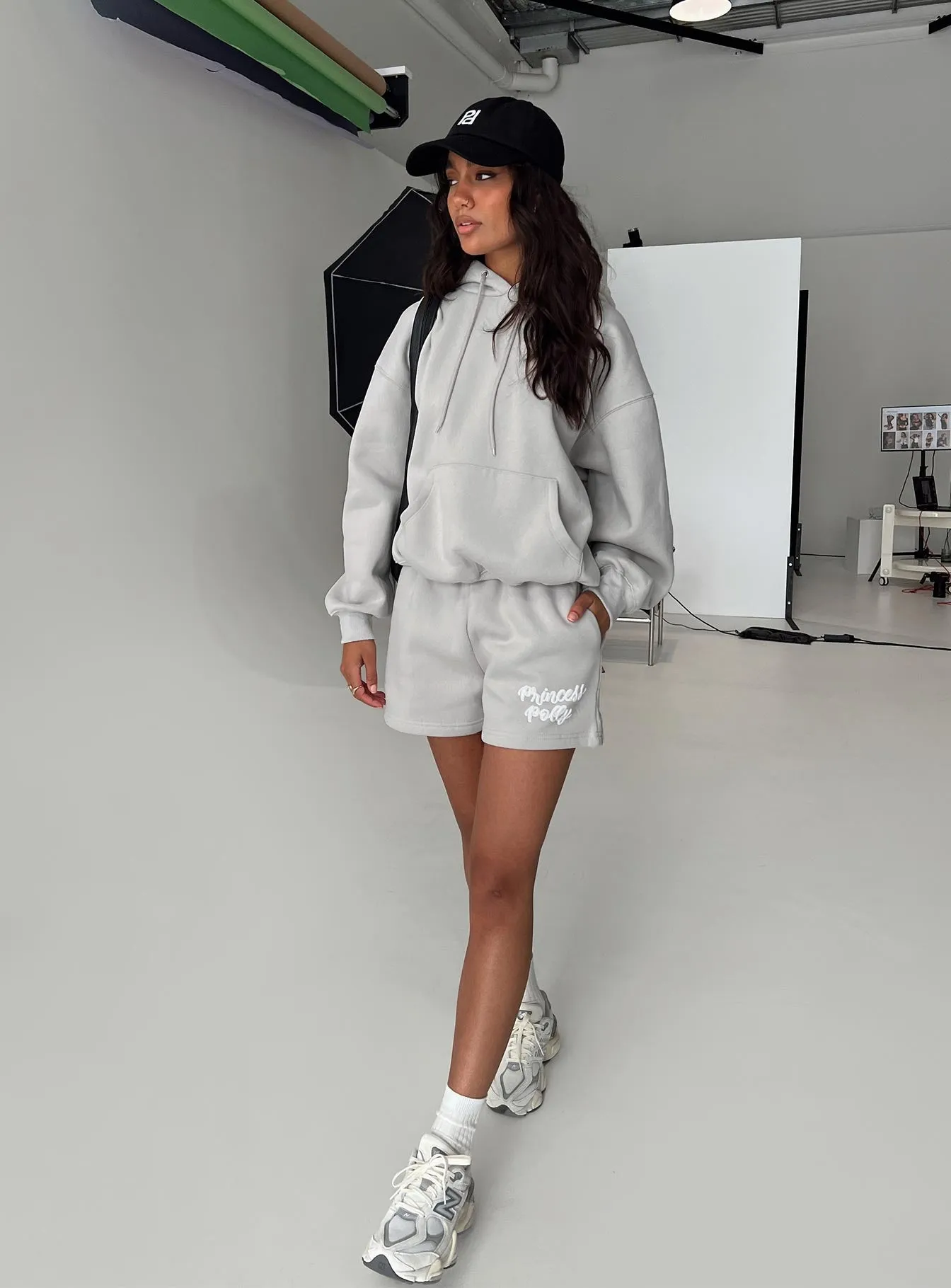 Princess Polly Track Shorts Puff Text Grey sold by Princess Polly