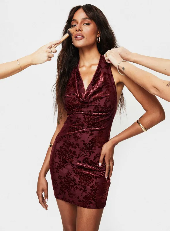 Carlso Halter Mini Dress Burgundy sold by Princess Polly