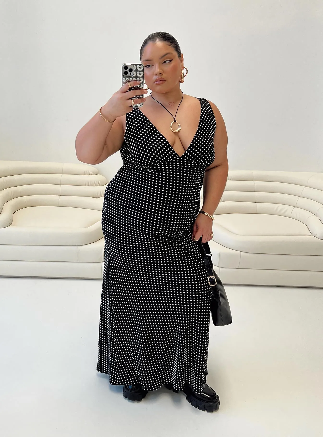 Nellie Maxi Dress Black Polka Dot Curve sold by Princess Polly