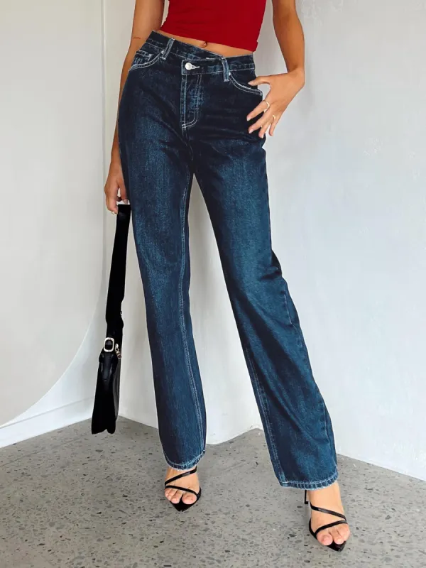 Holly Asymmetric Straight Leg Jean Dark Wash Denim sold by Princess Polly