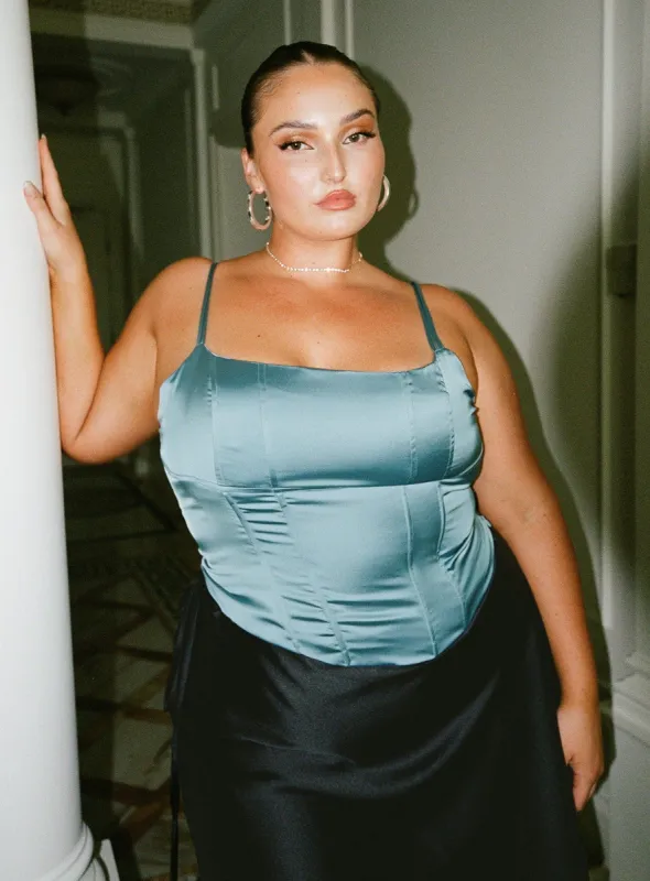 Zora Satin Corset Top Blue Curve sold by Princess Polly