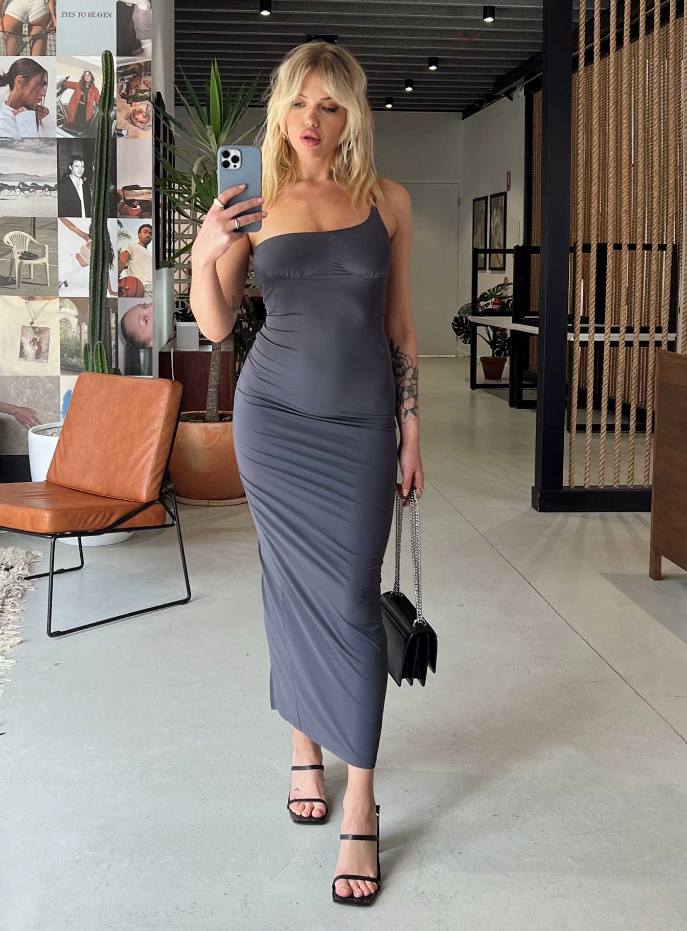 Deliza One Shoulder Maxi Dress Grey sold by Princess Polly