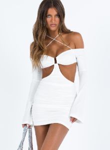 Clarence Off Shoulder Mini Dress White sold by Princess Polly