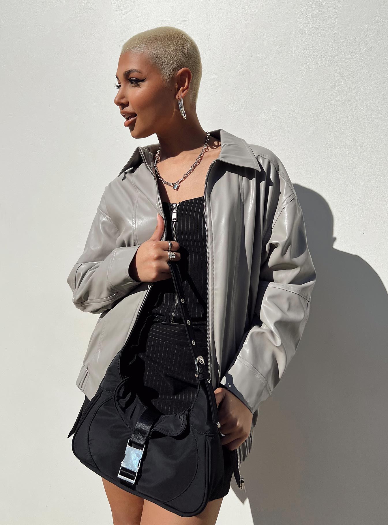 Braelynn Faux Leather Bomber Jacket Grey sold by Princess Polly