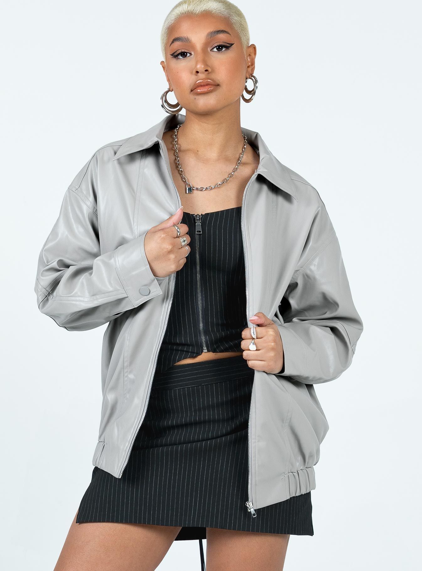 Braelynn Faux Leather Bomber Jacket Grey sold by Princess Polly product image thumbnail 2