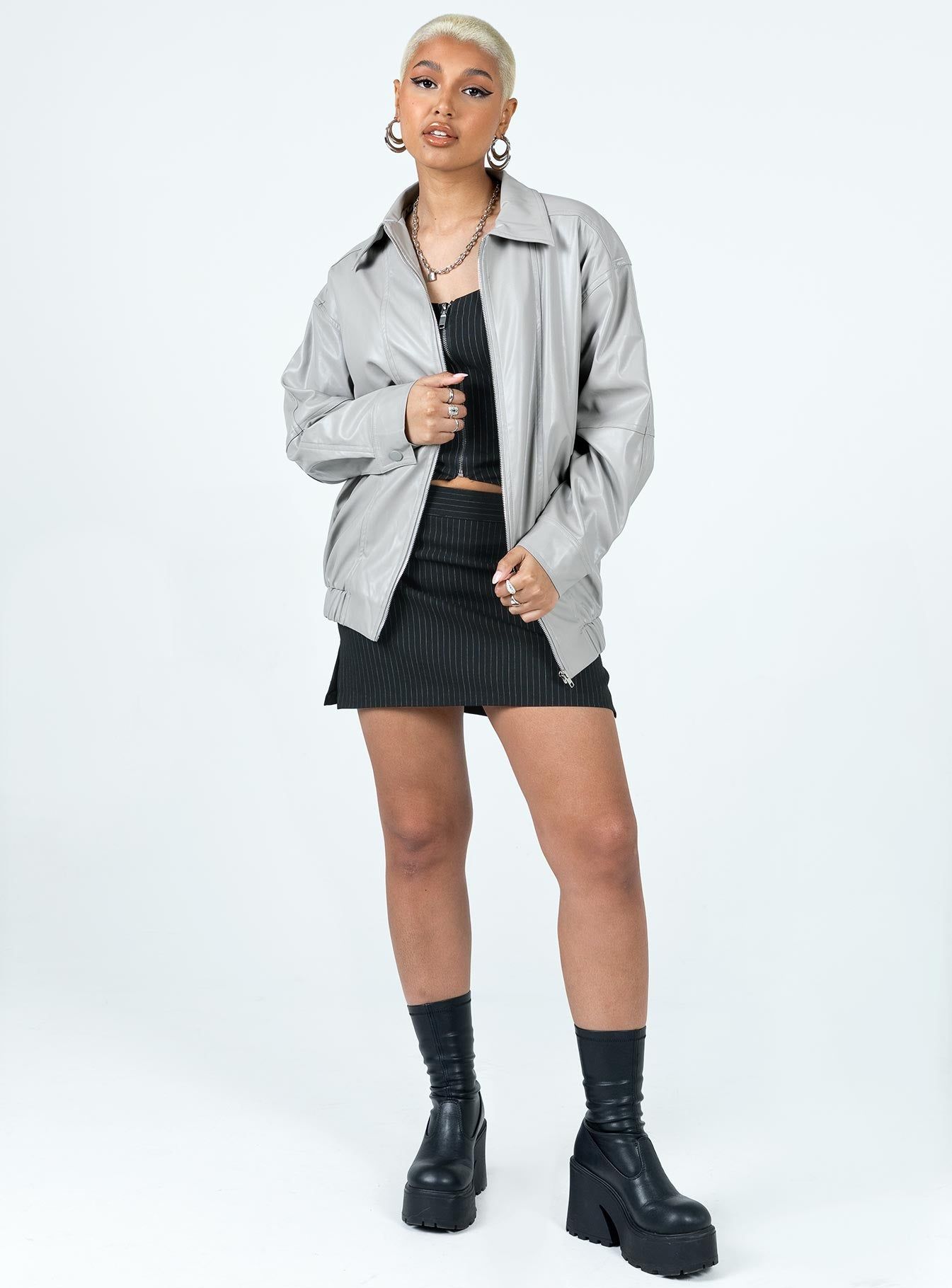Braelynn Faux Leather Bomber Jacket Grey sold by Princess Polly product image thumbnail 3