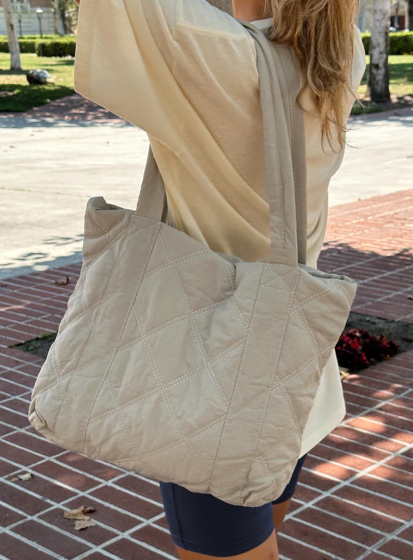Jovie Nylon Quilted Tote Beige sold by Princess Polly