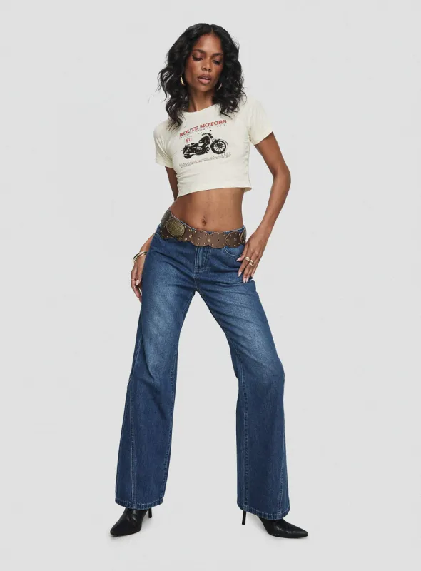 Leslee Mid Rise Flare Jean Mid Wash Blue sold by Princess Polly