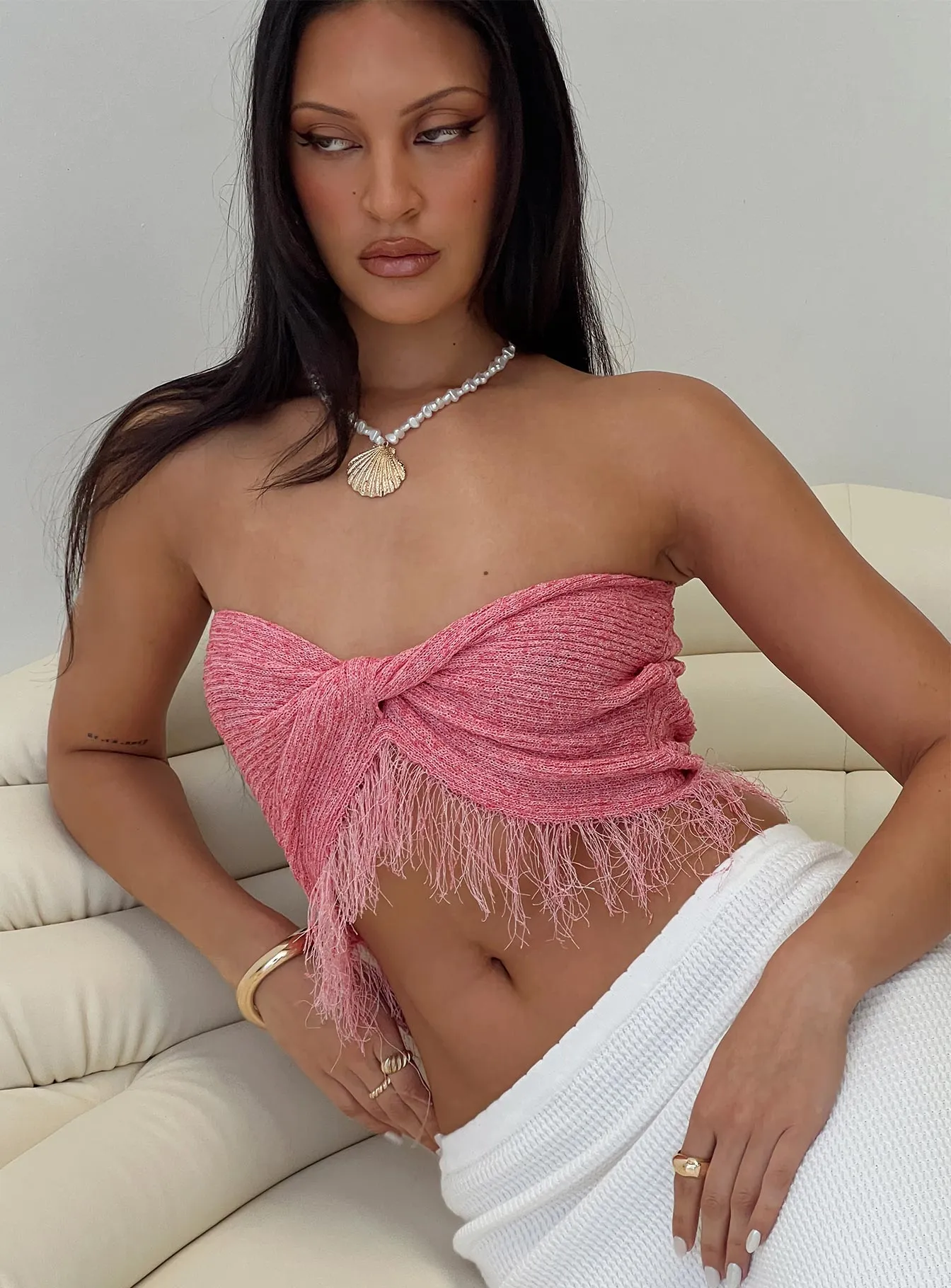 Kovac Reversible Fringe Tube Top Pink sold by Princess Polly