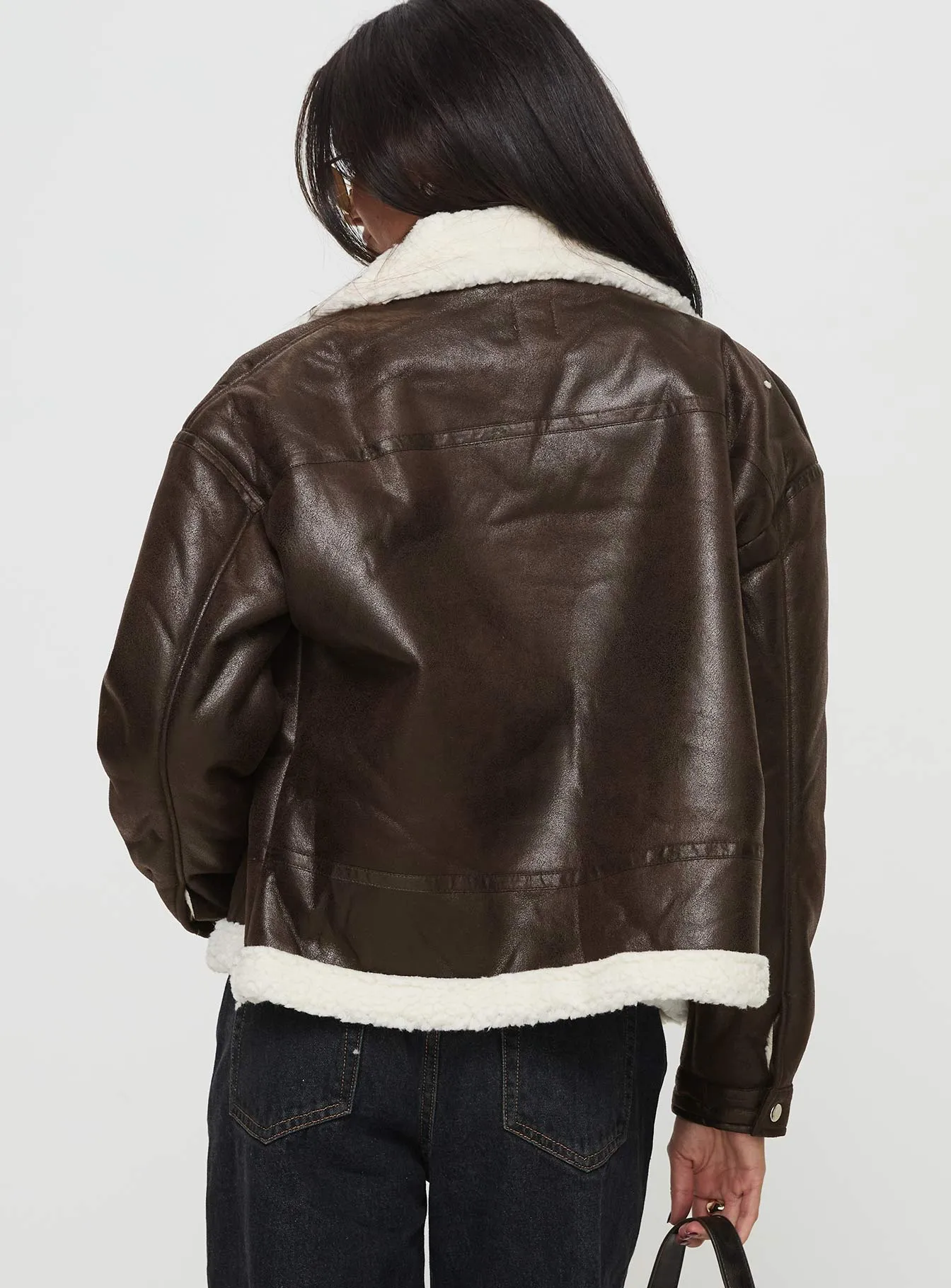 Solara Faux Leather Shearling Jacket Chocolate sold by Princess Polly product image thumbnail 5