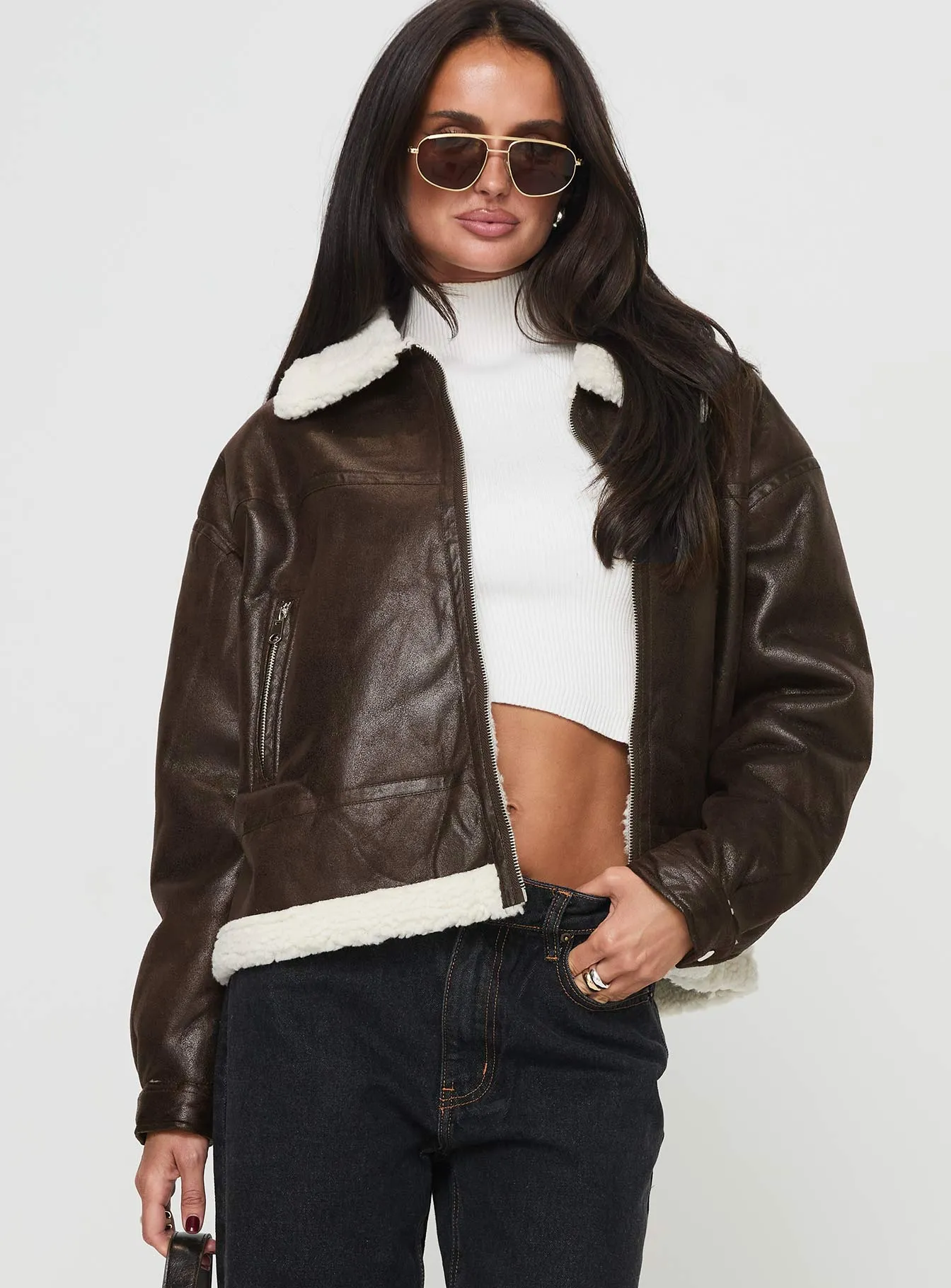 Solara Faux Leather Shearling Jacket Chocolate sold by Princess Polly product image thumbnail 2
