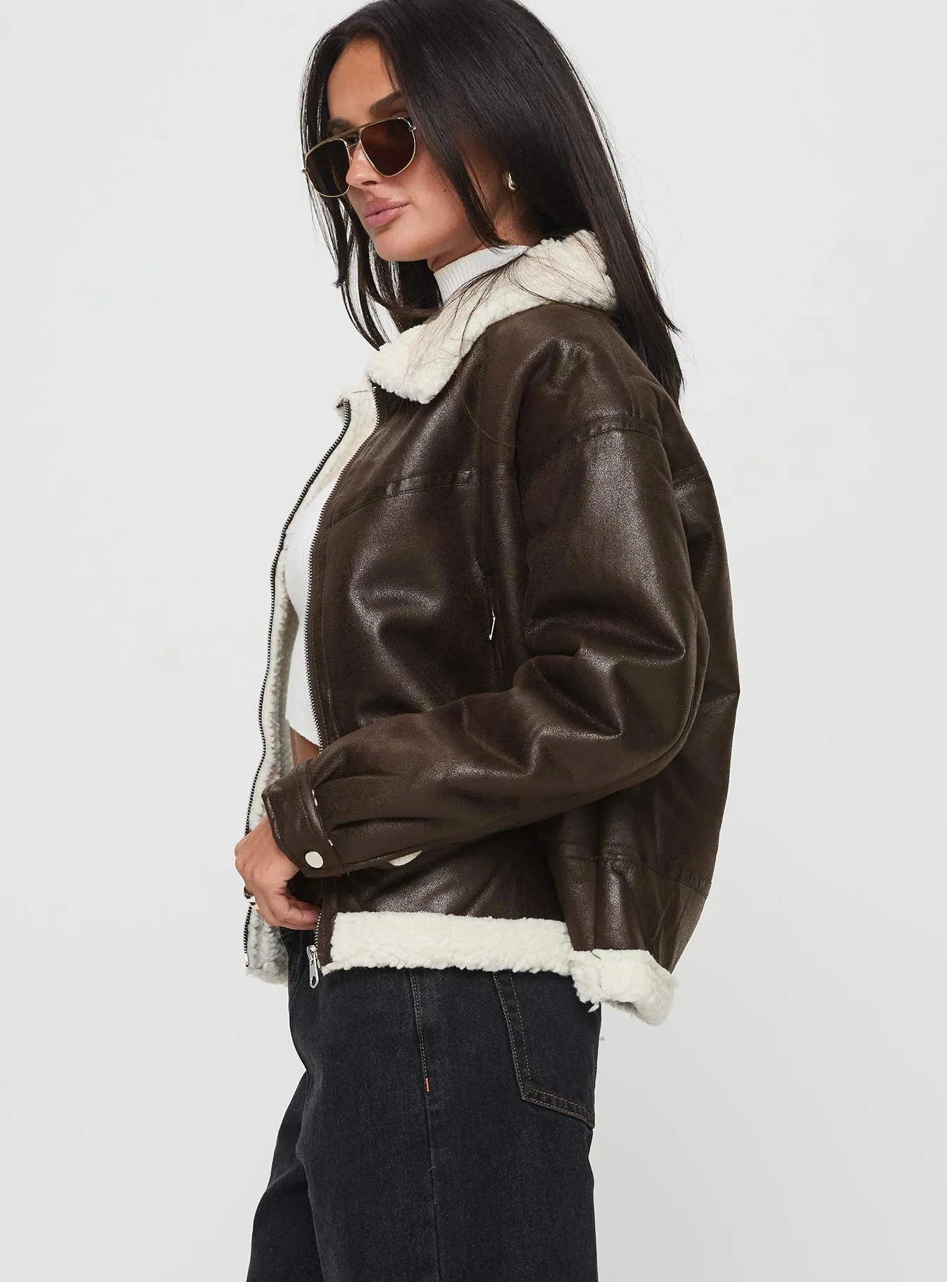 Solara Faux Leather Shearling Jacket Chocolate sold by Princess Polly product image thumbnail 4