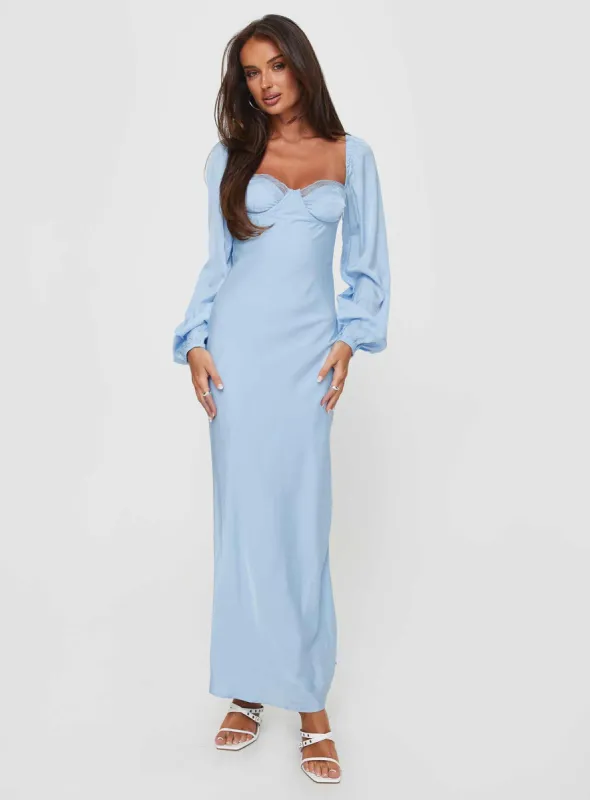 Hazel Long Sleeve Maxi Dress Blue sold by Princess Polly