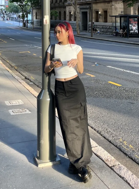 Datura Cargo Midi Skirt Black sold by Princess Polly