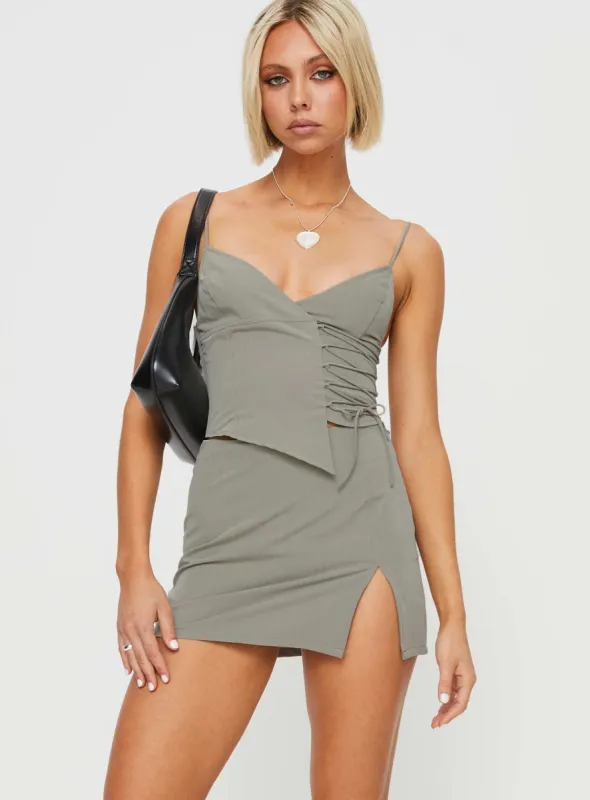 Untouched Lace Up Mini Skirt Grey sold by Princess Polly
