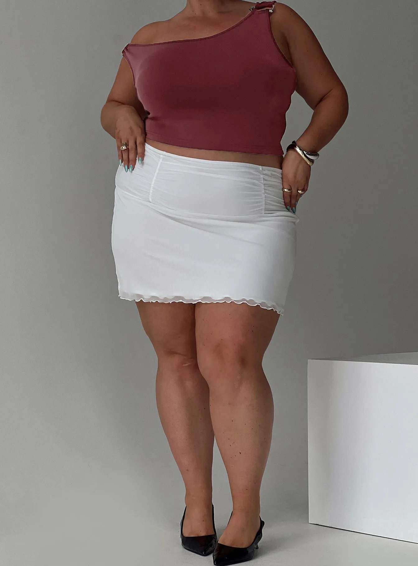 Meredith Ruched Mini Skirt White Curve sold by Princess Polly