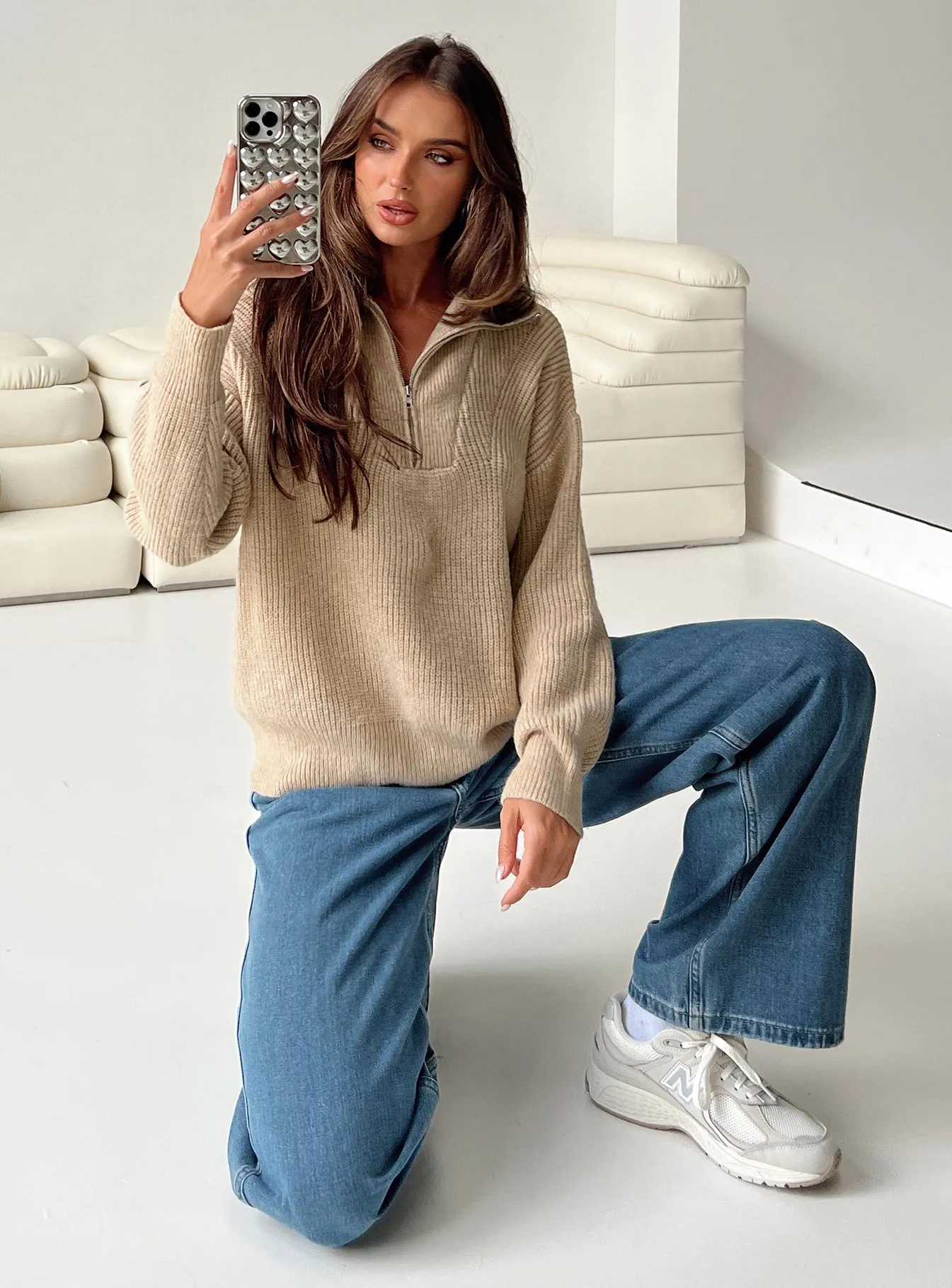 Ferry Zip Front Sweater Beige sold by Princess Polly