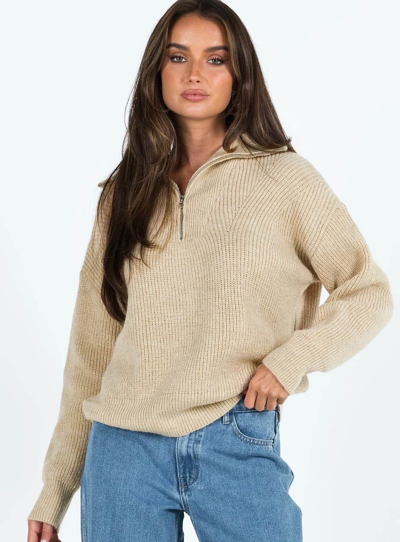 Ferry Zip Front Sweater Beige sold by Princess Polly product image thumbnail 2