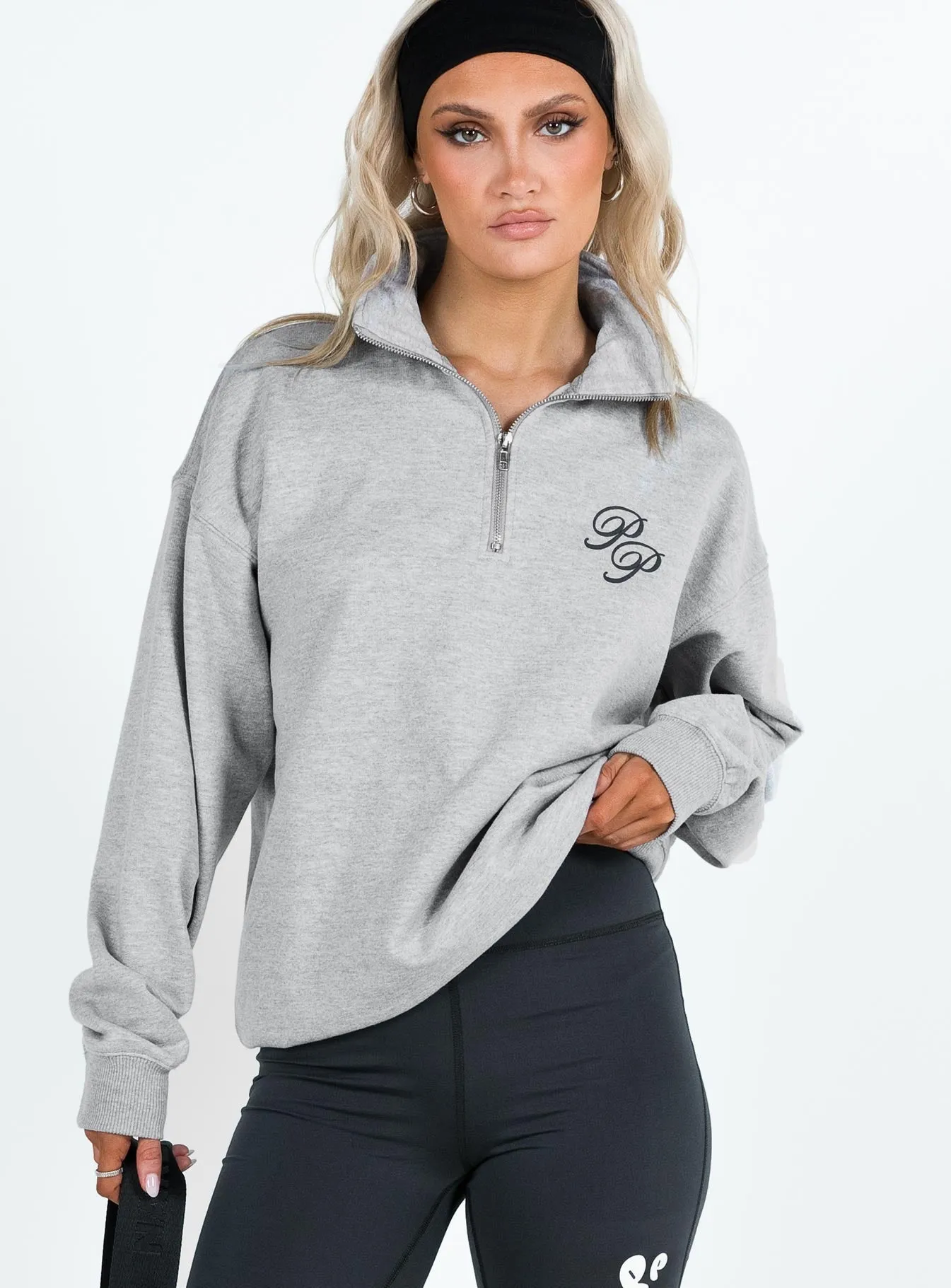 Princess Polly Quarter Zip Sweatshirt Cursive Text Grey Marle / Slate sold by Princess Polly product image thumbnail 2