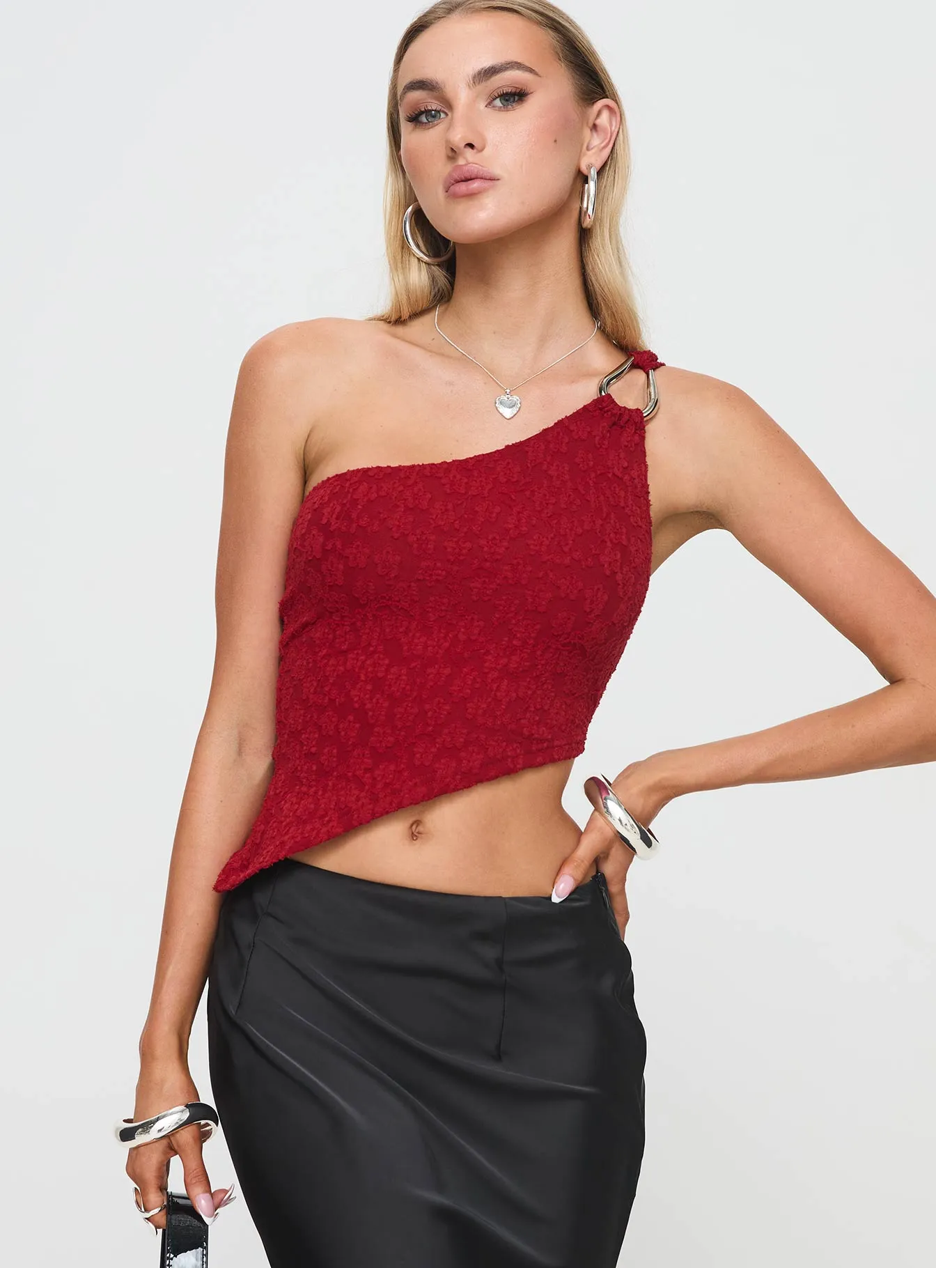 Toomba One Shoulder Top Blurred Lace Red sold by Princess Polly