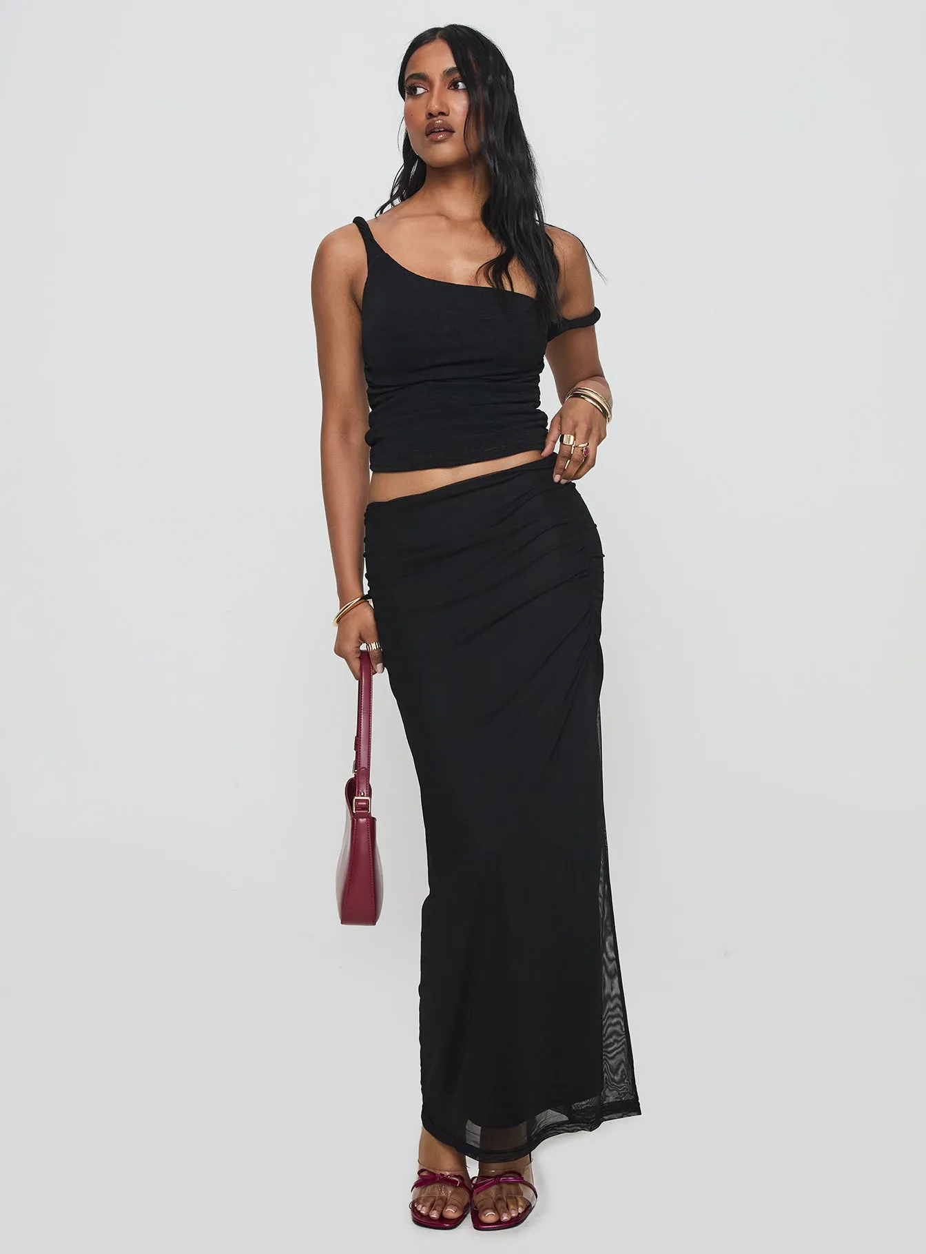 Mastermind Ruched Maxi Skirt Black sold by Princess Polly