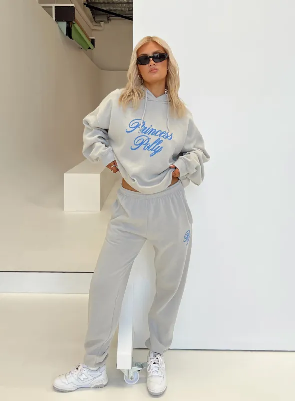 Princess Polly Track Pants Cursive Text Grey / Blue sold by Princess Polly