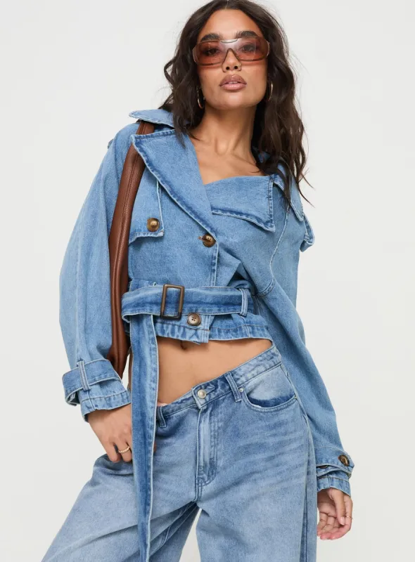 Aurelio Cropped Denim Trench Coat Light Denim Wash sold by Princess Polly