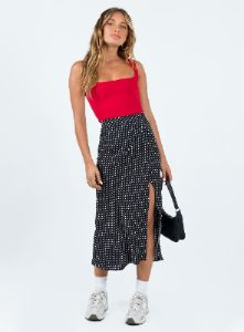 Mabel Midi Skirt Black Polka Dot sold by Princess Polly