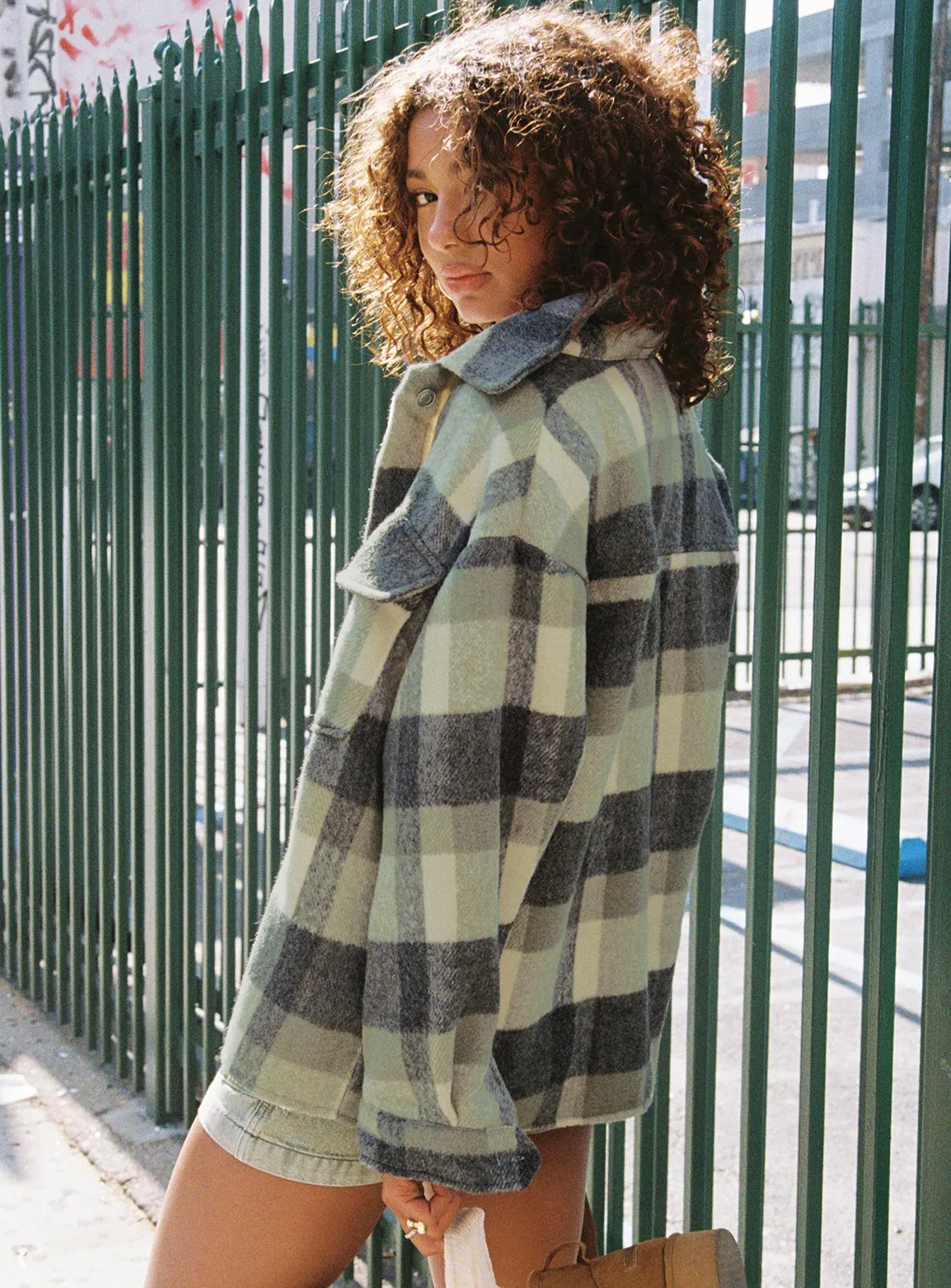 Veera Plaid Shacket Sage sold by Princess Polly